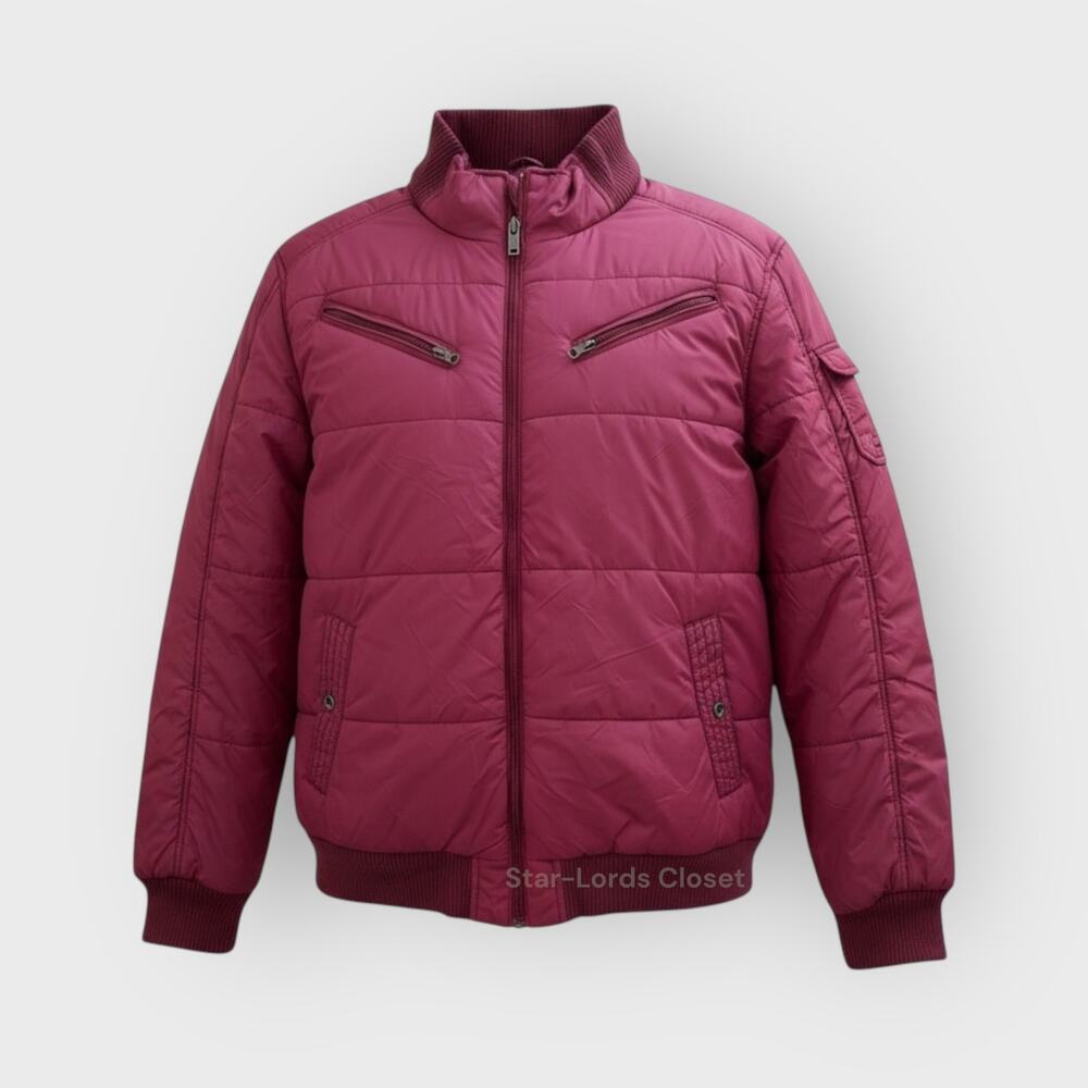 Guess Burgundy Quilted Puffer Jacket Nylon Zip Up Ribbed Collar Casual Outerwear